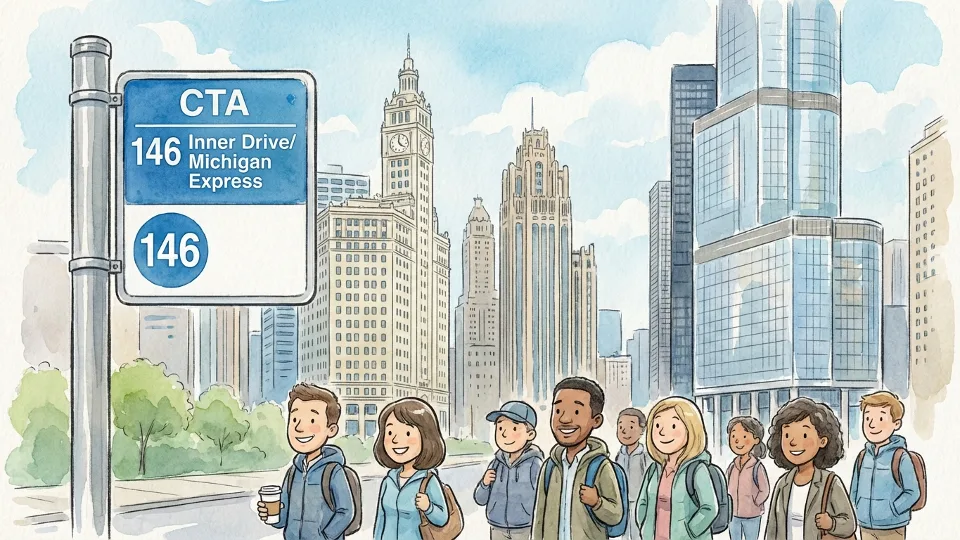 Bus stop sign for CTA Route 146 with downtown Chicago buildings in background