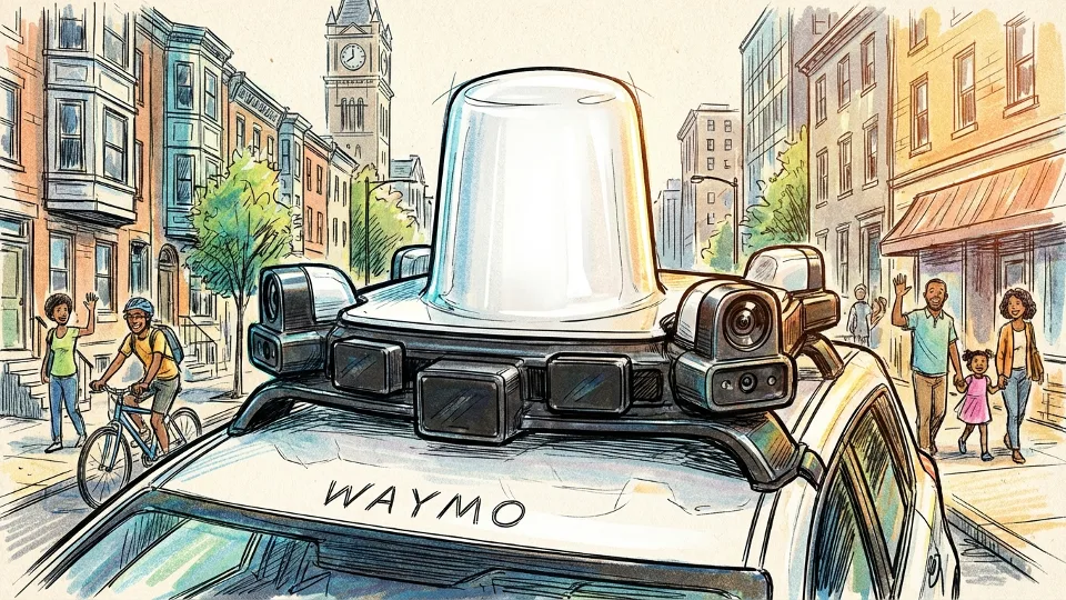 Close-up of Waymo autonomous vehicle sensor array and camera equipment mounted on vehicle roof