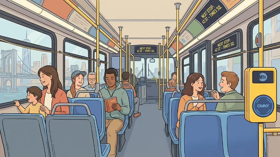 MTA bus interior with fare payment system and passengers seated