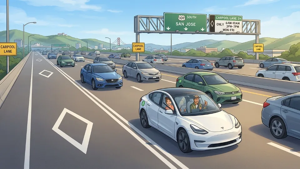Highway traffic with carpool lane in California metro area