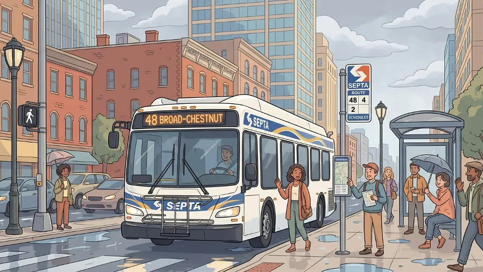 SEPTA bus at downtown Philadelphia stop on cloudy day