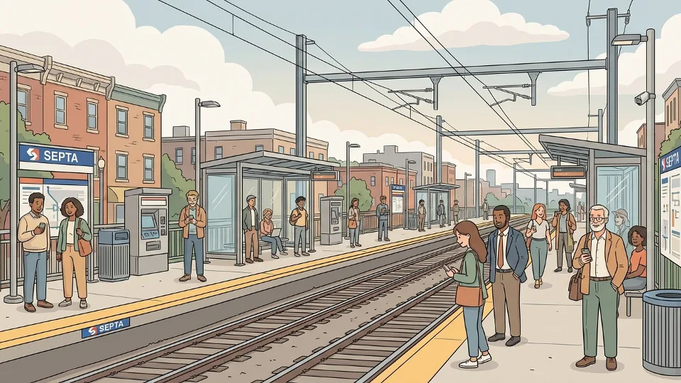 Philadelphia train platform with waiting passengers under cloudy skies