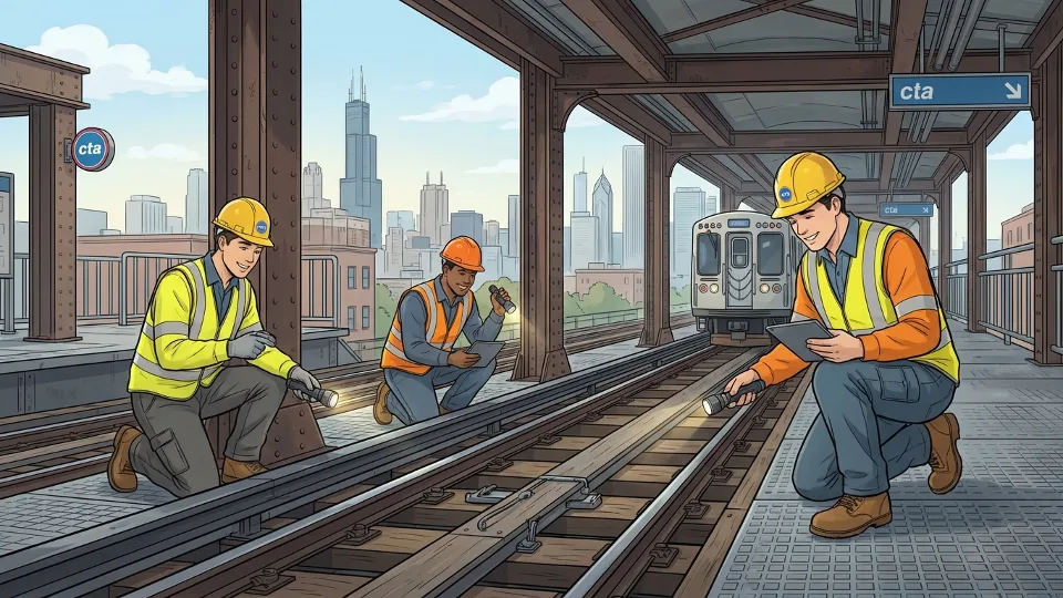CTA maintenance workers inspecting train tracks at station
