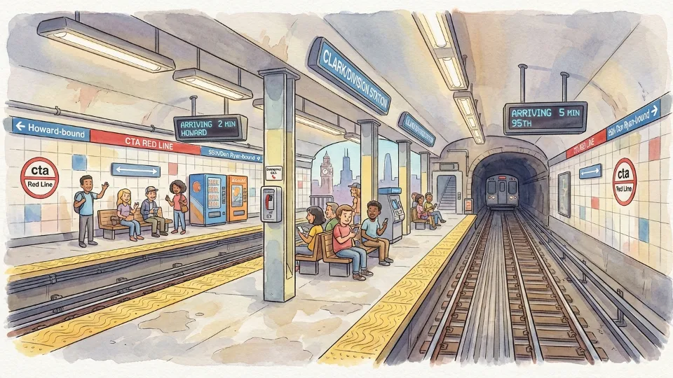 Interior view of CTA Red Line subway station platform with tracks and signage visible. Alt text: CTA Red Line subway station platform in Chicago showing tracks and wayfinding signs. Composition: Platform perspective showing station environment, lighting, and infrastructure details.