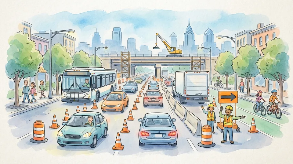 Traffic on Easton Road near the bridge construction zone showing vehicles navigating the work area