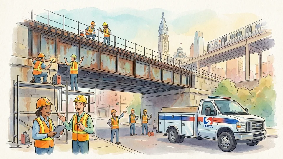 SEPTA maintenance crew working on bridge infrastructure showing the technical nature of structural rehabilitation work