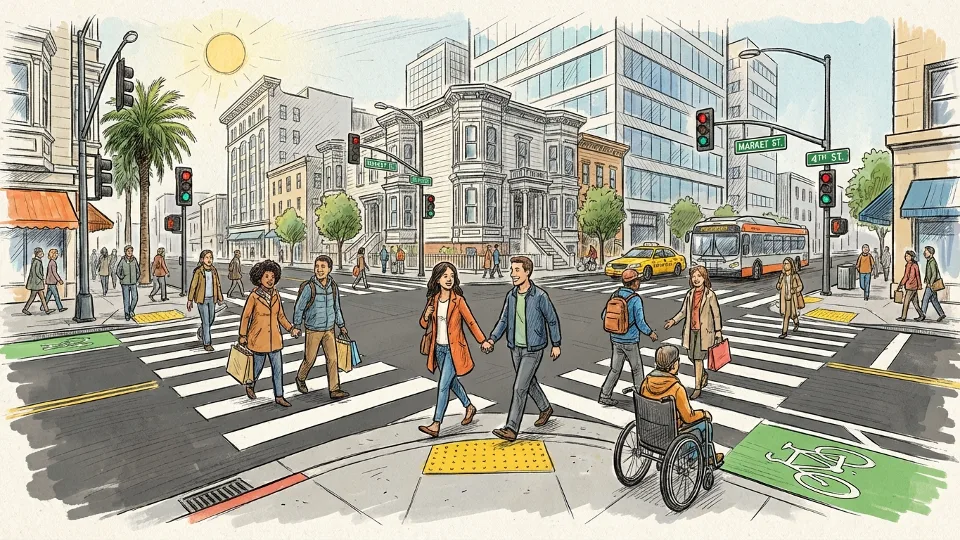 Marked crosswalk with continental striping pattern at busy Bay Area intersection with pedestrians crossing