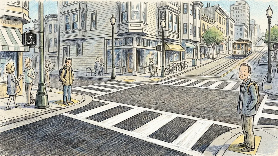Traditional parallel line crosswalk markings at San Francisco street intersection with pedestrian waiting to cross