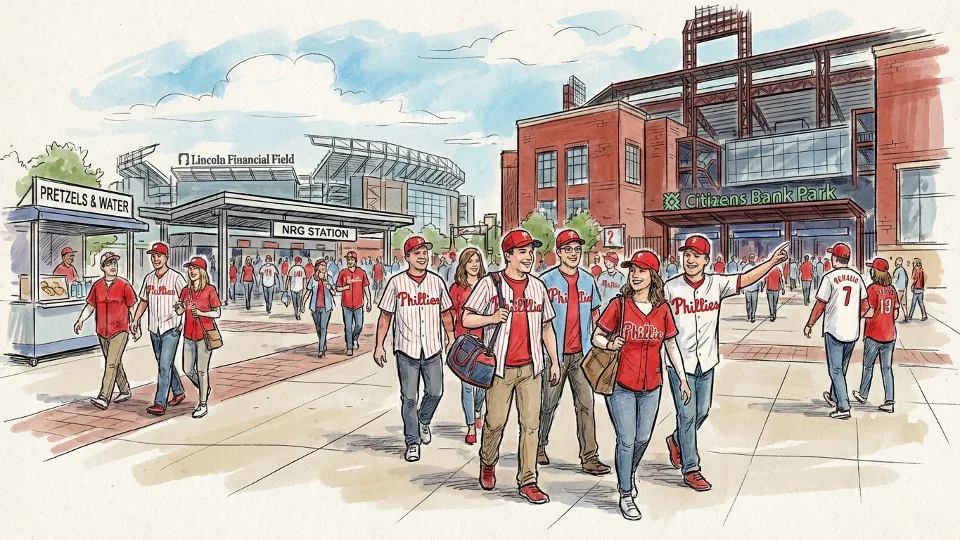 Fans walking toward Citizens Bank Park entrance from nearby transit station
