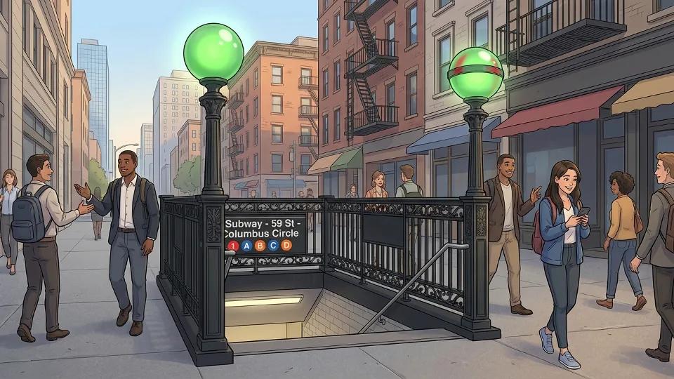 MTA subway station entrance in New York City with iconic green globe lights and stairway