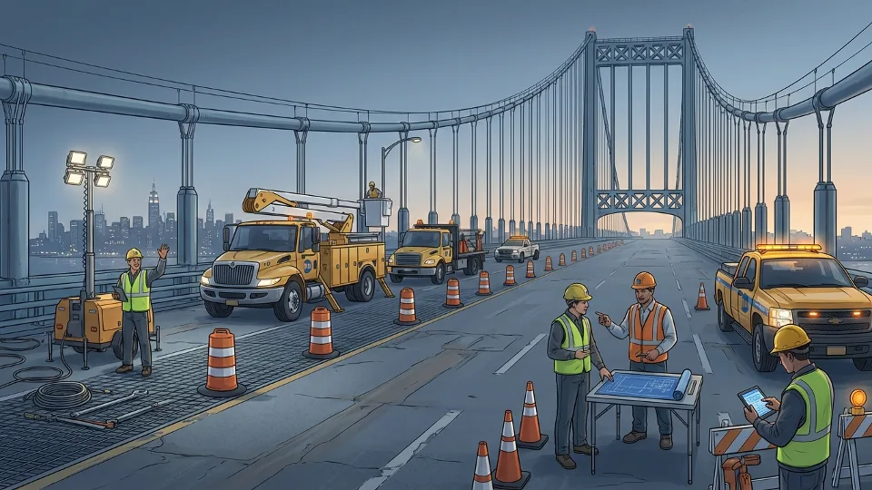 MTA bridge maintenance work during early morning hours with traffic cones and equipment