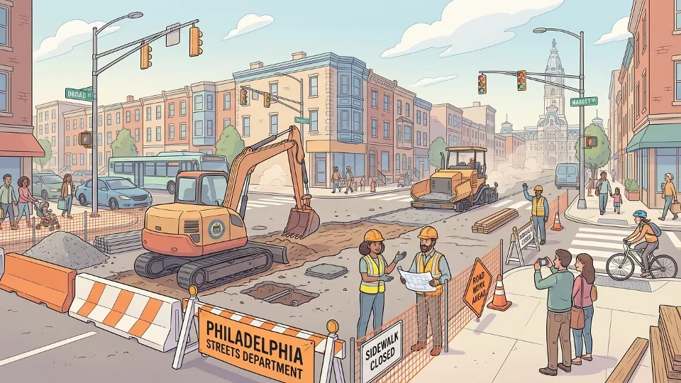 Philadelphia Streets Department construction equipment and safety barriers at urban intersection improvement project