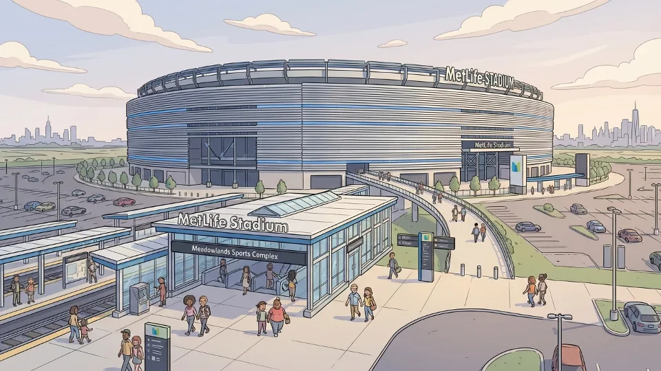 MetLife Stadium exterior with transit station entrance in foreground