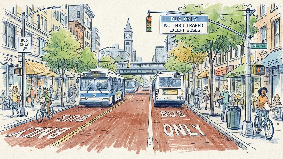 14th Street busway in Manhattan showing dedicated bus lane with restricted vehicle access