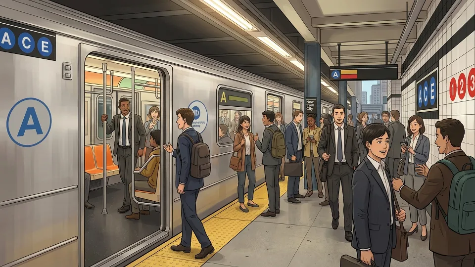 Passengers boarding MTA subway train at busy New York City station platform