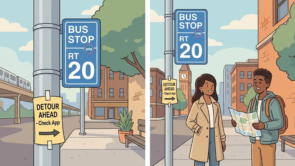 CTA bus stop sign showing route number with detour notice posted