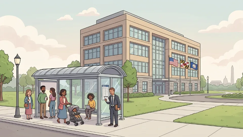 Government center building with bus stop in foreground