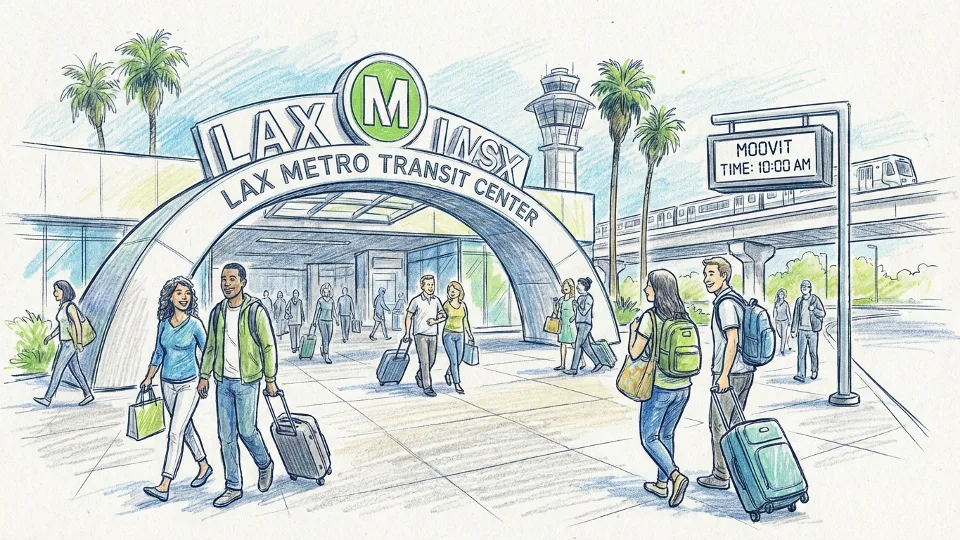 LAX Metro Transit Center station entrance with travelers and luggage