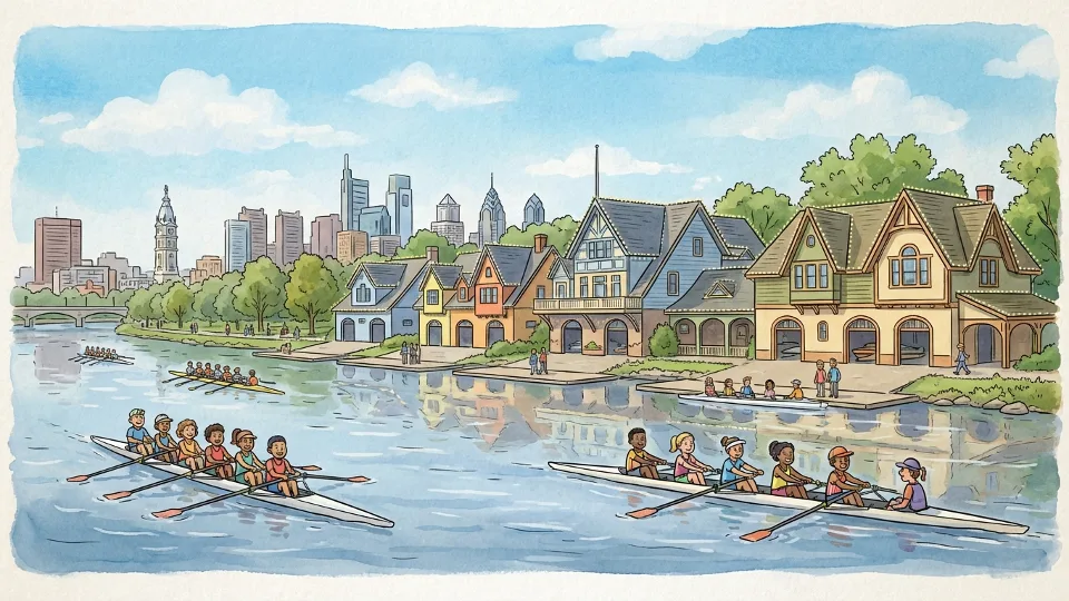 Historic Boathouse Row buildings along Schuylkill River with rowing shells on water