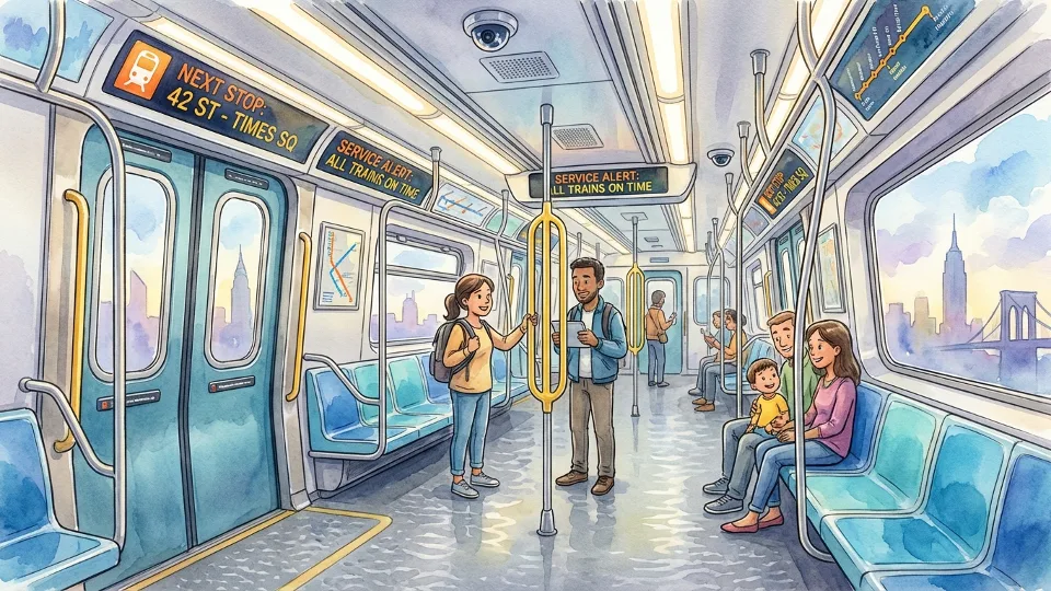 Interior of R211 subway car showing wide doors and digital display screens