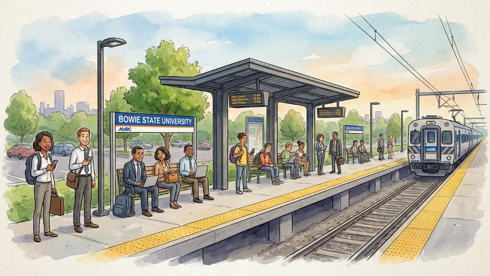 Bowie State University MARC station with commuters waiting on platform
