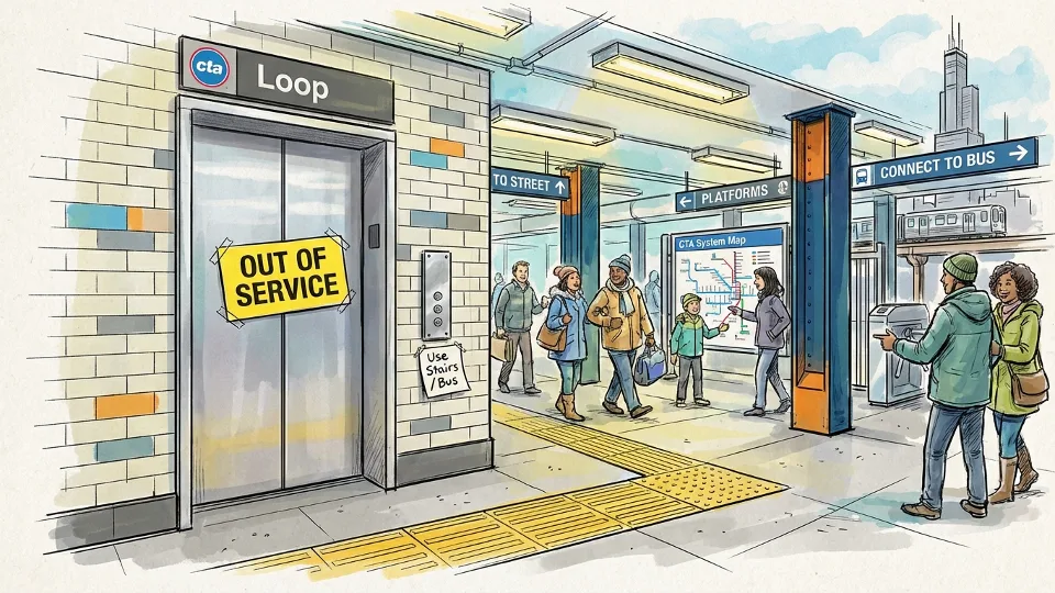 Elevator entrance at Chicago CTA Loop station with out of service sign