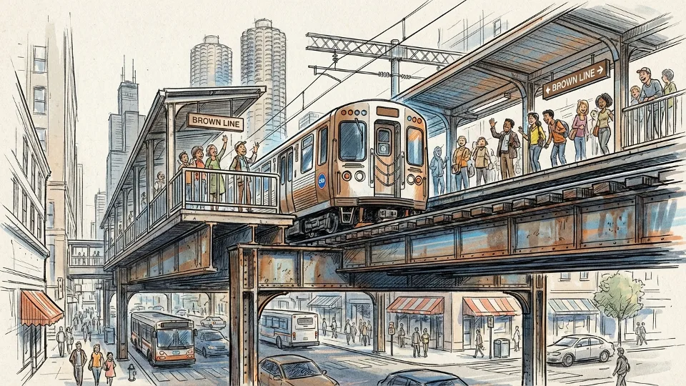 CTA Brown Line train approaching elevated platform in Chicago Loop district