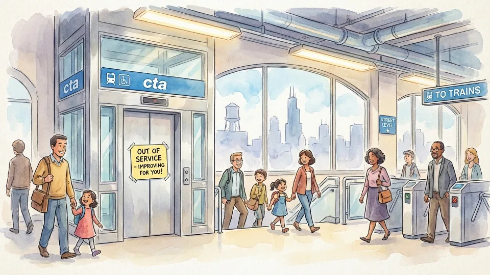 CTA elevator at Chicago transit station with out of service sign