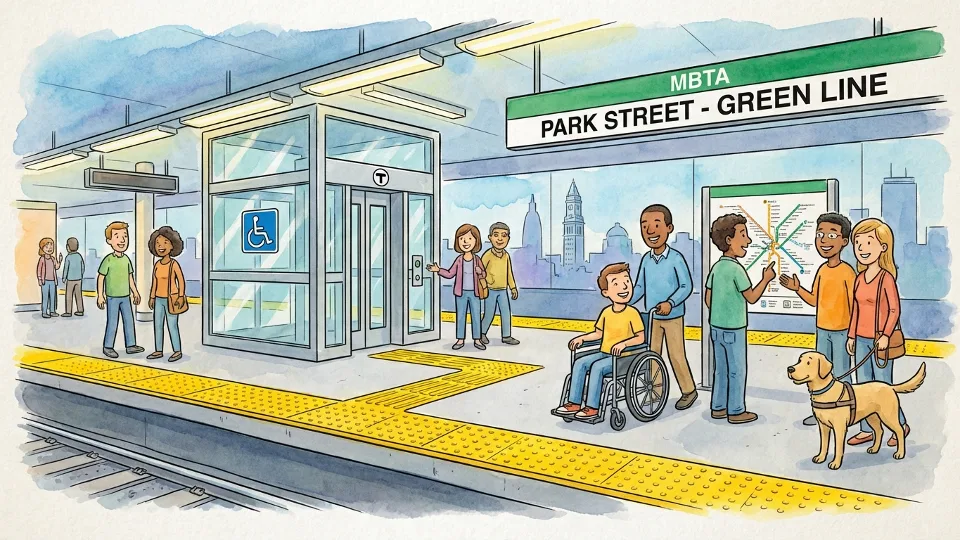 Accessible MBTA subway station platform with tactile warning strips and elevator