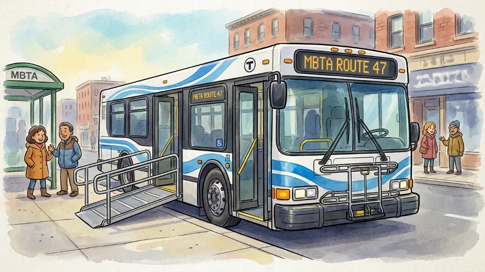 MBTA bus with wheelchair accessibility ramp at Boston station