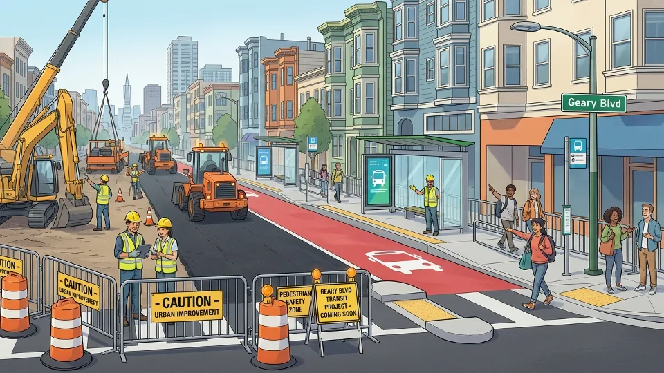 Construction work on Geary Boulevard showing new transit infrastructure and safety improvements in San Francisco