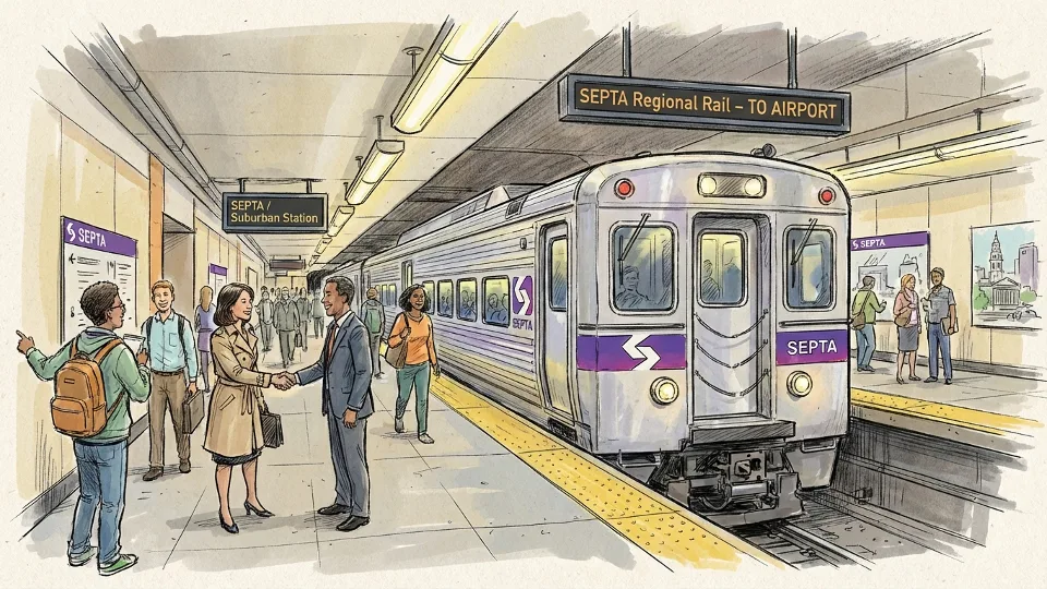 SEPTA regional rail train at suburban station platform with commuters waiting