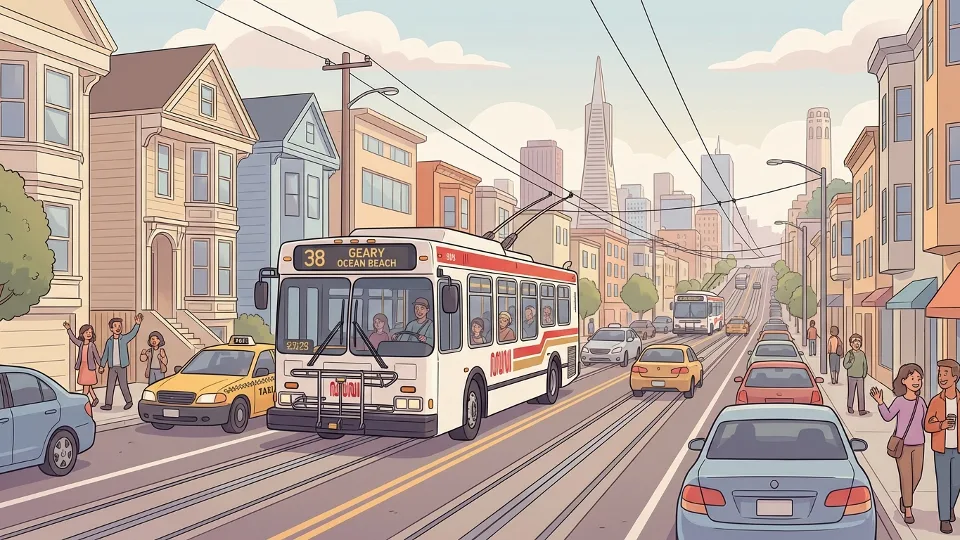 San Francisco Muni bus on city street with traffic