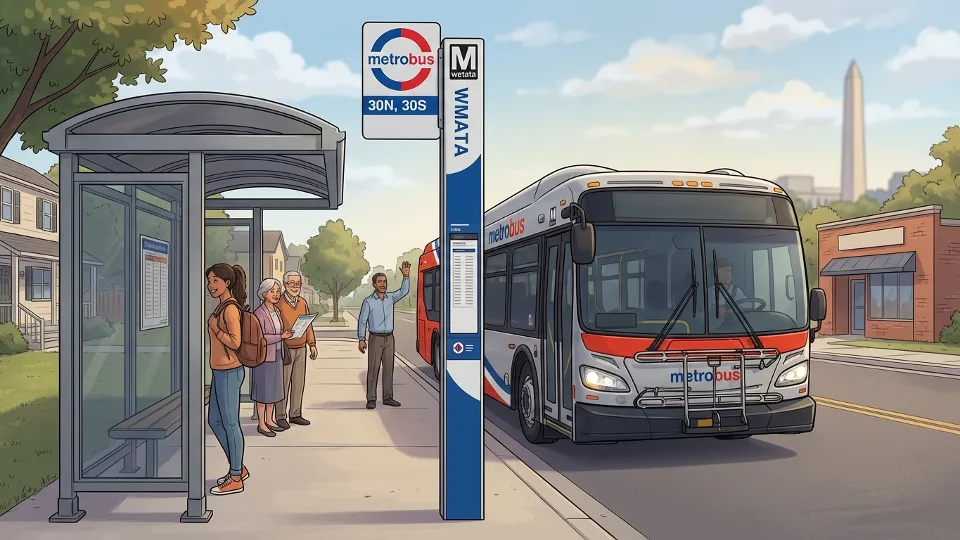WMATA bus at suburban bus stop with shelter and signage