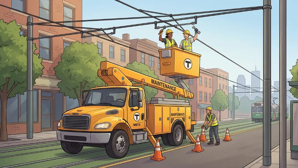 MBTA maintenance crew working on Green Line overhead wire infrastructure