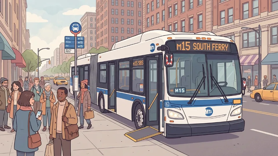 MTA bus at downtown stop with passengers waiting
