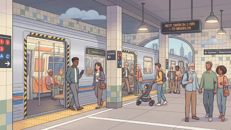 MTA subway train at platform with passengers boarding