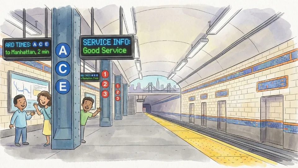 Clean MTA subway station interior with modern lighting and signage