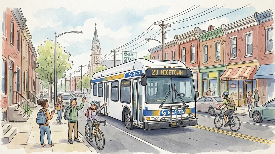 SEPTA bus on urban Philadelphia street in Nicetown-Tioga neighborhood with residential buildings and storefronts visible
