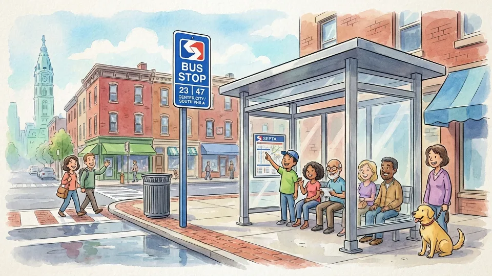 SEPTA bus stop sign and shelter on Philadelphia street corner with route information display