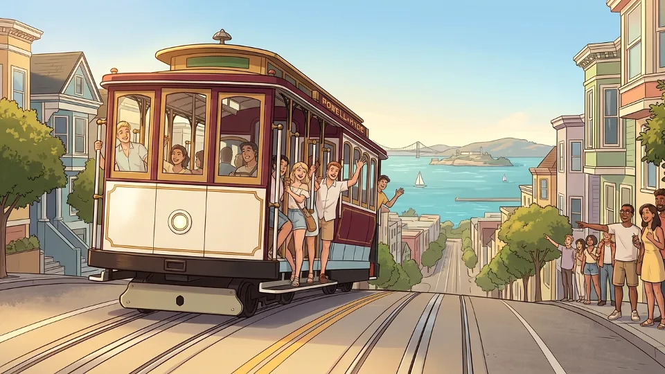 San Francisco cable car climbing a hill with the bay visible in the background during summer