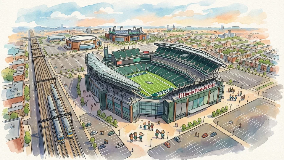 Aerial view of Lincoln Financial Field stadium in South Philadelphia with SEPTA Broad Street Line tracks visible nearby