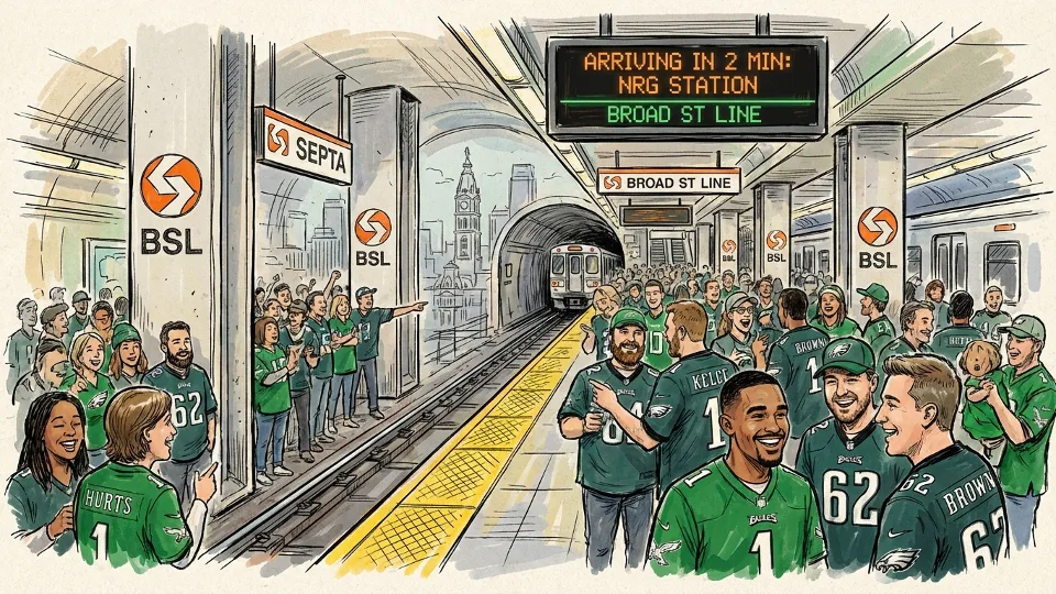 Philadelphia Eagles fans waiting on SEPTA Broad Street Line platform before game. Alt text: SEPTA passengers in Eagles jerseys waiting for Broad Street Line train to stadium. Composition: Platform-level shot showing crowd of fans in green jerseys, digital arrival board visible, orange line branding prominent.