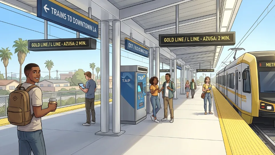 New Metro rail station platform with wayfinding signage in eastern Los Angeles County suburb