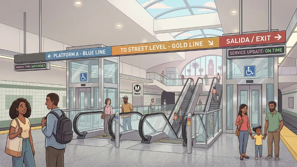 Metro station interior showing escalators elevators and wayfinding signage improvements