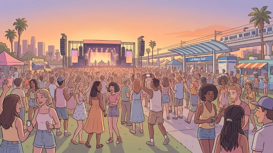 Festival crowd at outdoor music venue with transit station visible