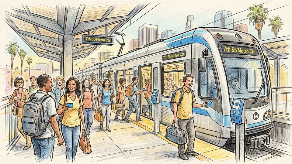 Passengers boarding Metro rail train at Los Angeles station platform