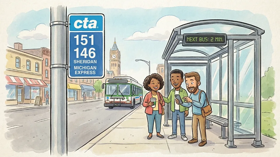 Chicago bus stop sign showing route information and schedule