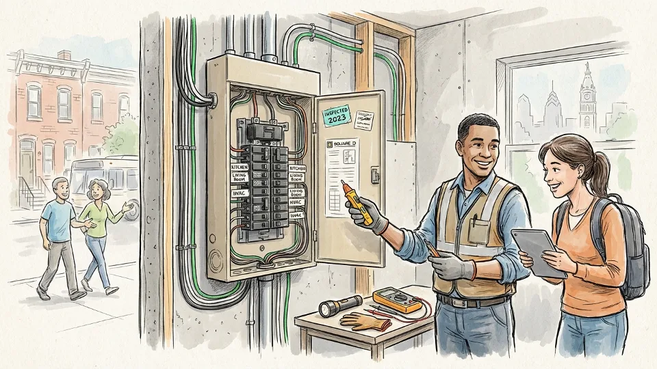 Electrical panel and wiring system in residential apartment building showing inspection and safety equipment