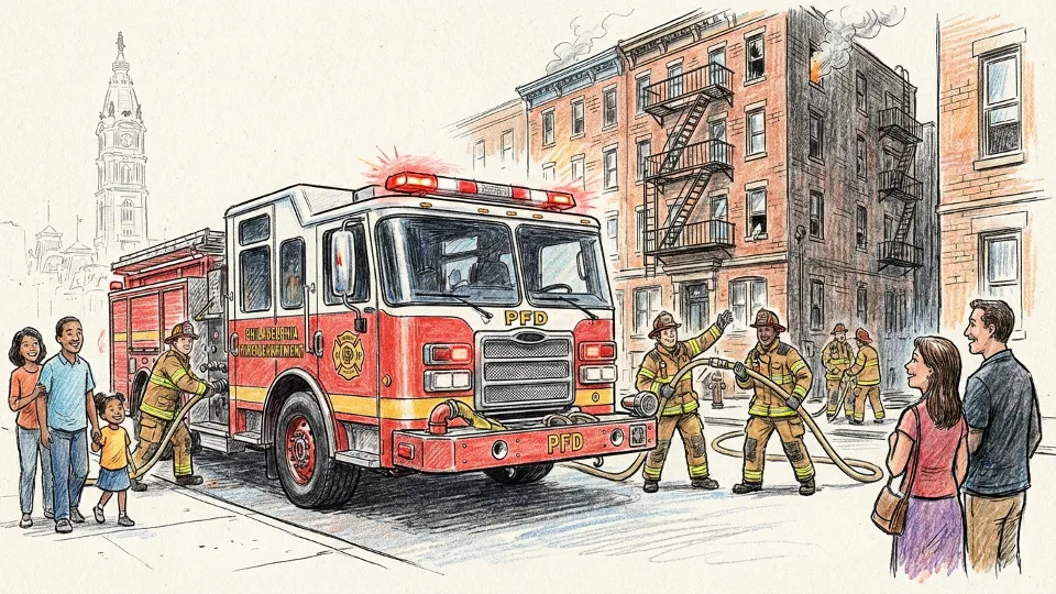 Philadelphia Fire Department truck responding to emergency call at urban apartment building with firefighters visible
